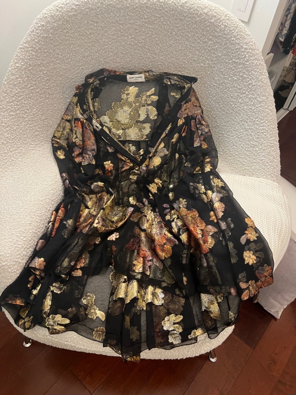 😮Saint Laurent Black Floral Silk Jacquard Mini Flared Dress - 40 - Picture 7 of 13